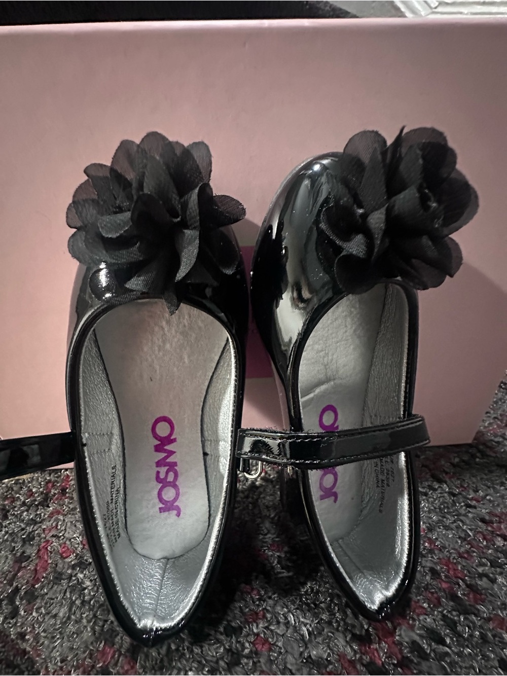 Josmo Black Patent Mary Janes with Black Flower Accent